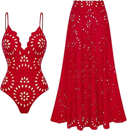 Women's One Piece Bathing Suit Petal Hollow V Neck Swimsuit and Skirt