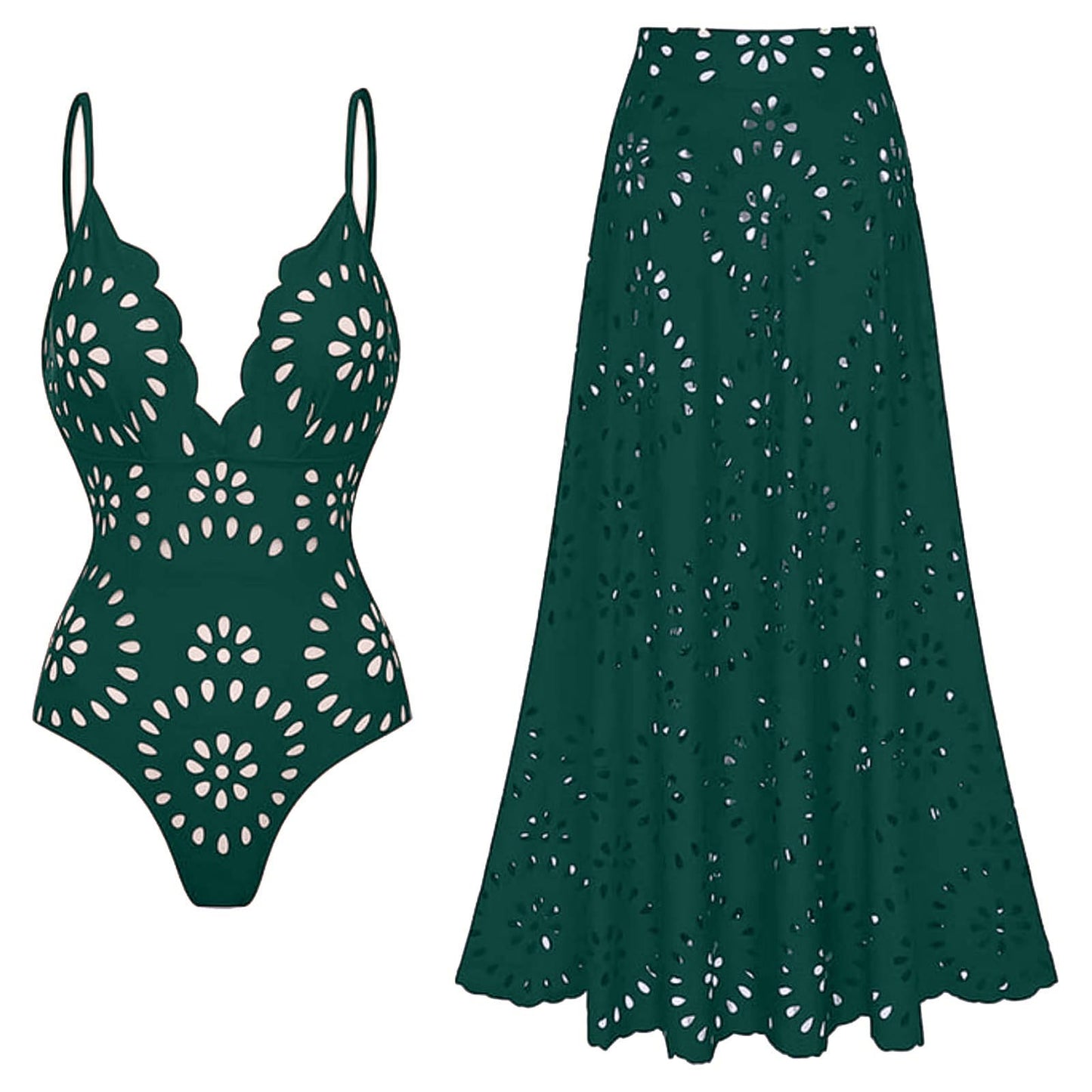 Women's One Piece Bathing Suit Petal Hollow V Neck Swimsuit and Skirt