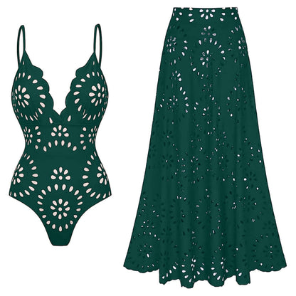 Women's One Piece Bathing Suit Petal Hollow V Neck Swimsuit and Skirt
