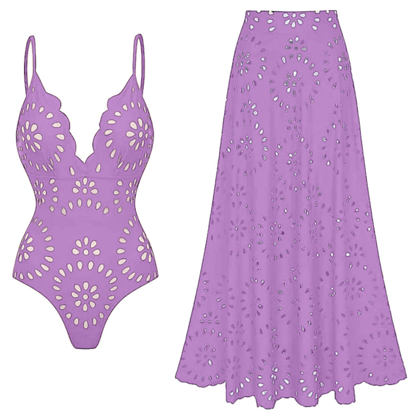 Women's One Piece Bathing Suit Petal Hollow V Neck Swimsuit and Skirt