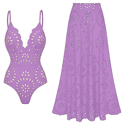 Women's One Piece Bathing Suit Petal Hollow V Neck Swimsuit and Skirt