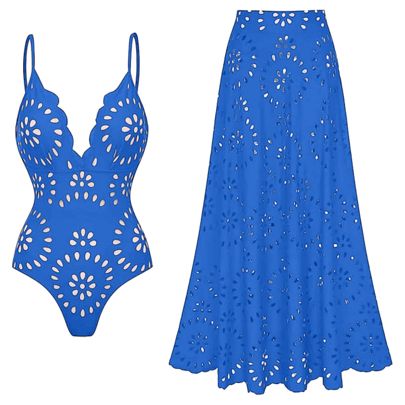 Women's One Piece Bathing Suit Petal Hollow V Neck Swimsuit and Skirt