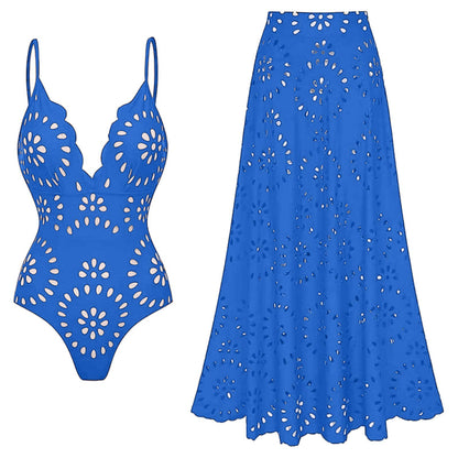 Women's One Piece Bathing Suit Petal Hollow V Neck Swimsuit and Skirt