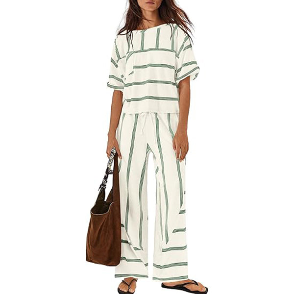 Women's Striped Casual Short-Sleeve Top and Wide-Leg Pants Two-Piece Vacation Set with Pockets