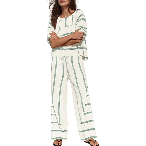 Women's Striped Casual Short-Sleeve Top and Wide-Leg Pants Two-Piece Vacation Set with Pockets