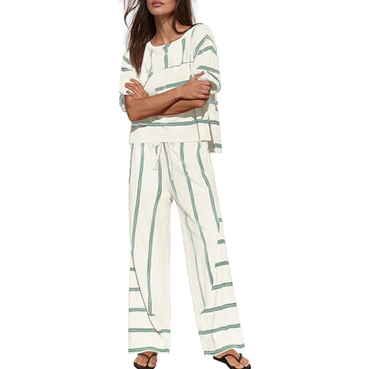 Women's Striped Casual Short-Sleeve Top and Wide-Leg Pants Two-Piece Vacation Set with Pockets