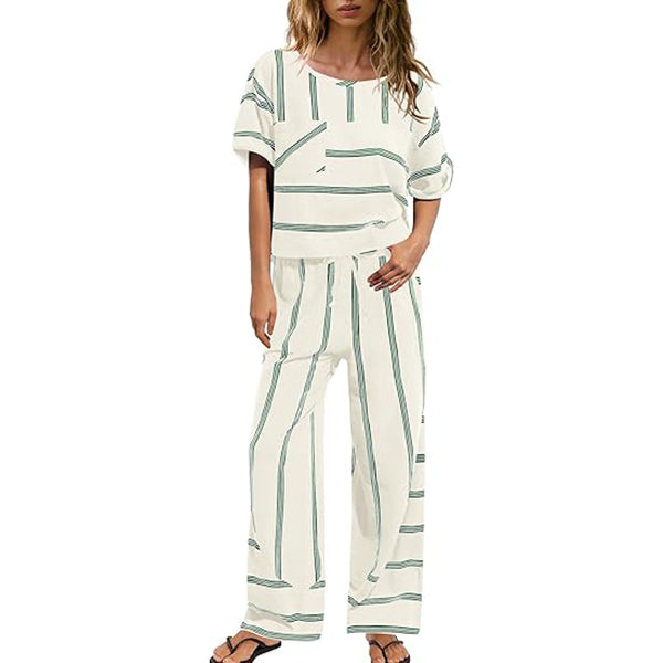 Women's Striped Casual Short-Sleeve Top and Wide-Leg Pants Two-Piece Vacation Set with Pockets