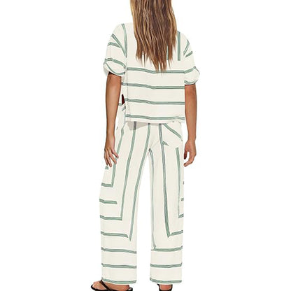 Women's Striped Casual Short-Sleeve Top and Wide-Leg Pants Two-Piece Vacation Set with Pockets