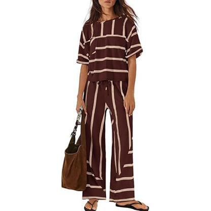Women's Striped Casual Short-Sleeve Top and Wide-Leg Pants Two-Piece Vacation Set with Pockets