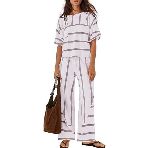 Women's Striped Casual Short-Sleeve Top and Wide-Leg Pants Two-Piece Vacation Set with Pockets