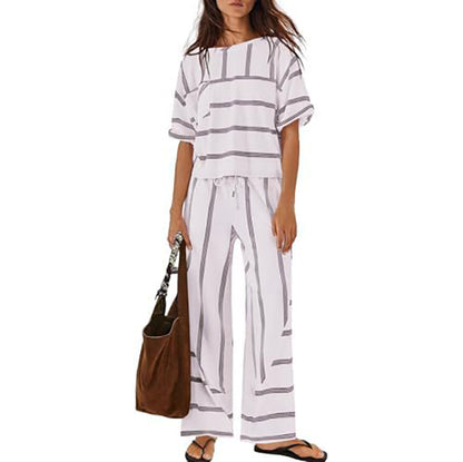 Women's Striped Casual Short-Sleeve Top and Wide-Leg Pants Two-Piece Vacation Set with Pockets