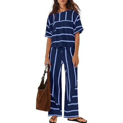 Women's Striped Casual Short-Sleeve Top and Wide-Leg Pants Two-Piece Vacation Set with Pockets
