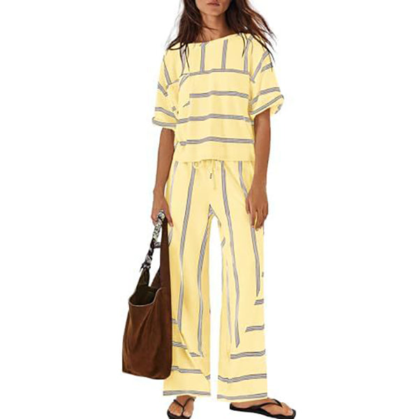 Women's Striped Casual Short-Sleeve Top and Wide-Leg Pants Two-Piece Vacation Set with Pockets