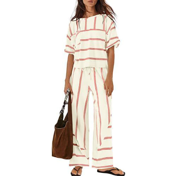 Women's Striped Casual Short-Sleeve Top and Wide-Leg Pants Two-Piece Vacation Set with Pockets