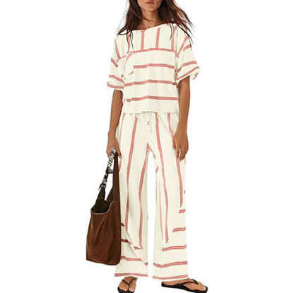 Women's Striped Casual Short-Sleeve Top and Wide-Leg Pants Two-Piece Vacation Set with Pockets