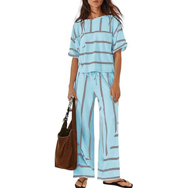 Women's Striped Casual Short-Sleeve Top and Wide-Leg Pants Two-Piece Vacation Set with Pockets