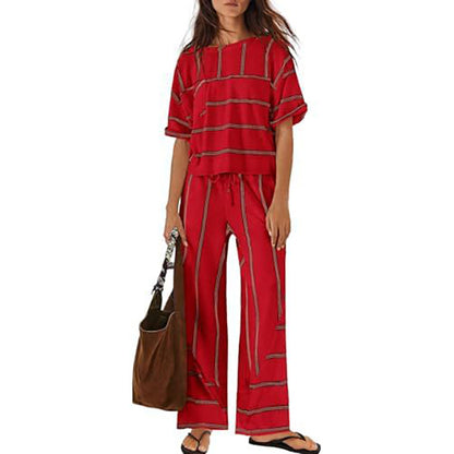 Women's Striped Casual Short-Sleeve Top and Wide-Leg Pants Two-Piece Vacation Set with Pockets