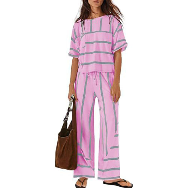 Women's Striped Casual Short-Sleeve Top and Wide-Leg Pants Two-Piece Vacation Set with Pockets