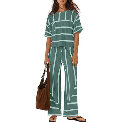 Women's Striped Casual Short-Sleeve Top and Wide-Leg Pants Two-Piece Vacation Set with Pockets