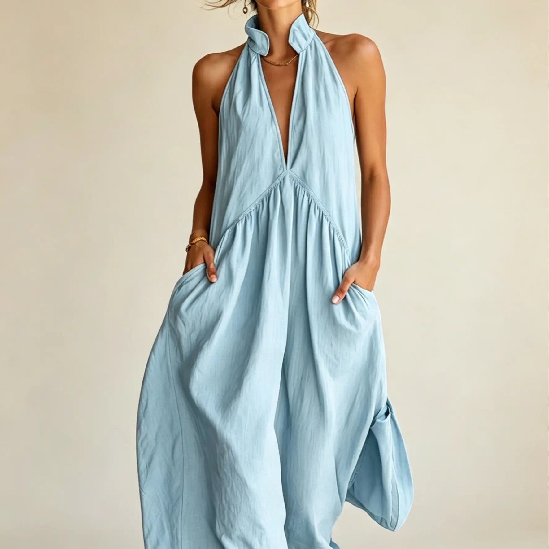 Halter Neck Linen-Blend Maxi Dress
