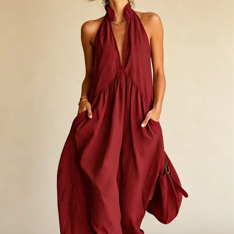 Halter Neck Linen-Blend Maxi Dress