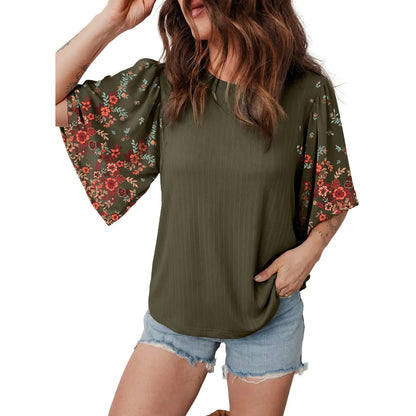 Bohemian style floral patchwork three-quarter sleeve shirt
