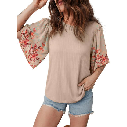 Bohemian style floral patchwork three-quarter sleeve shirt