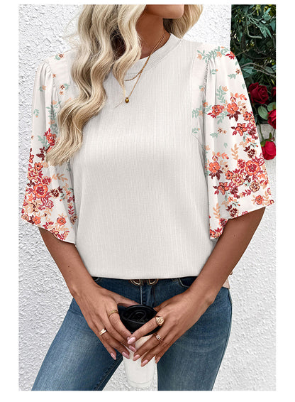 Bohemian style floral patchwork three-quarter sleeve shirt