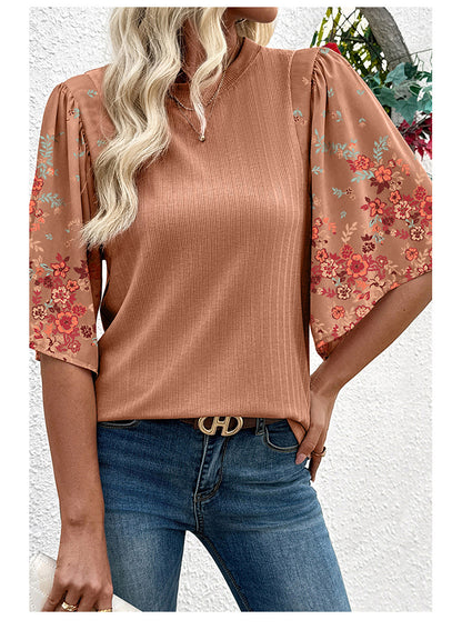Bohemian style floral patchwork three-quarter sleeve shirt