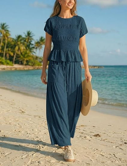Solid color pleated short-sleeved high-waisted wide-leg pants women's casual suit