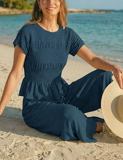 Solid color pleated short-sleeved high-waisted wide-leg pants women's casual suit