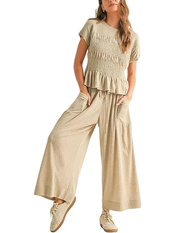 Solid color pleated short-sleeved high-waisted wide-leg pants women's casual suit