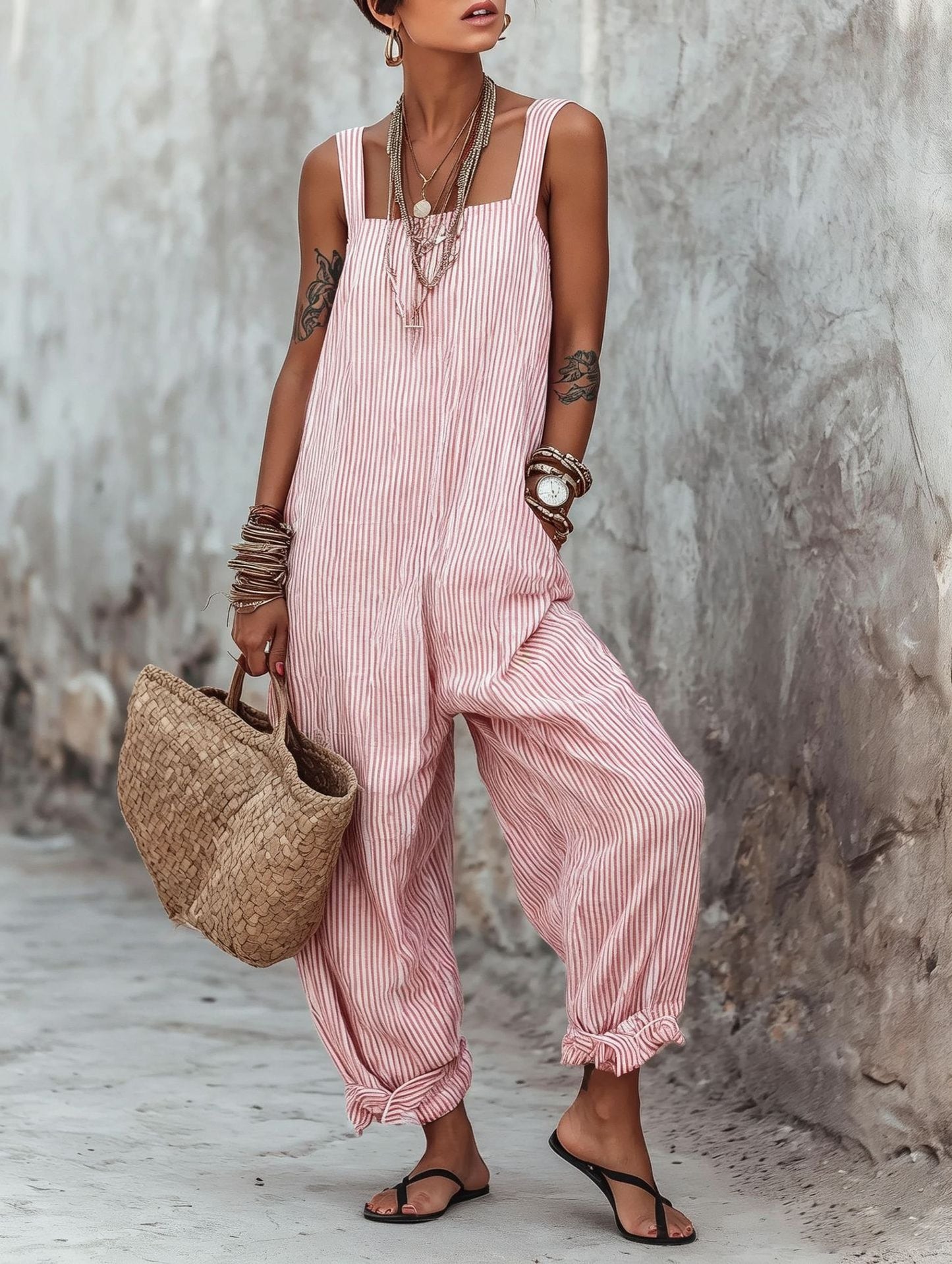 Women's Minimalist Striped Loose-Fit Square-Neck Sleeveless Jumpsuit