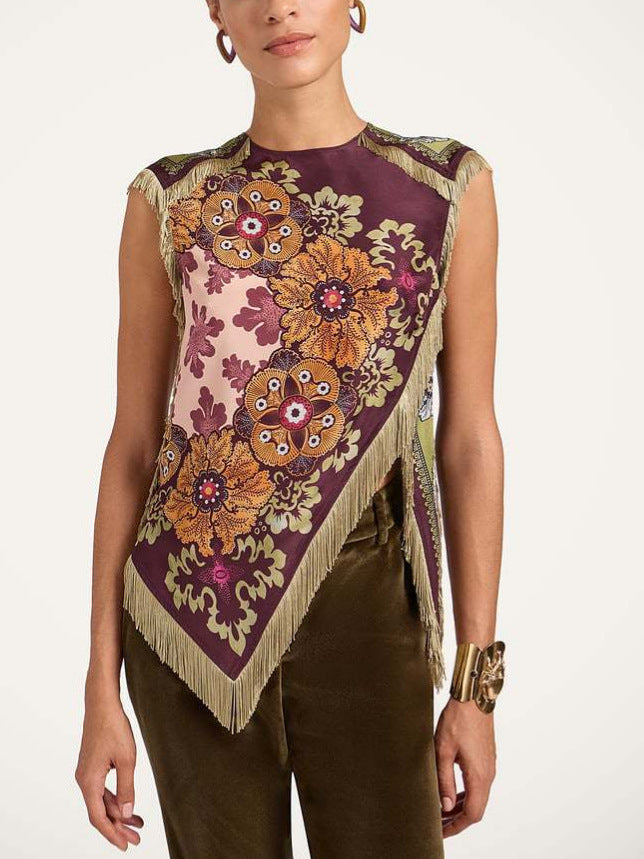 Unique retro floral print tassel vest