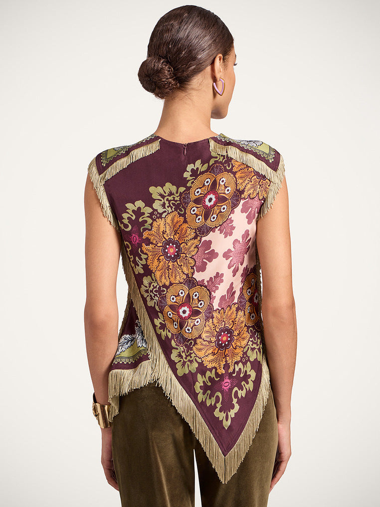 Unique retro floral print tassel vest