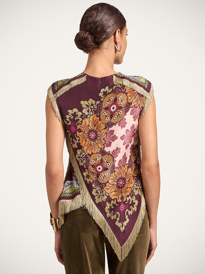 Unique retro floral print tassel vest