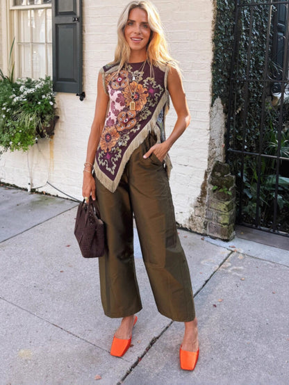 Unique retro floral print tassel vest