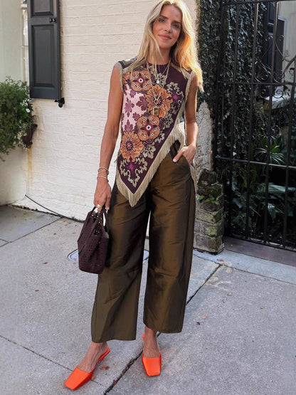 Unique retro floral print tassel vest