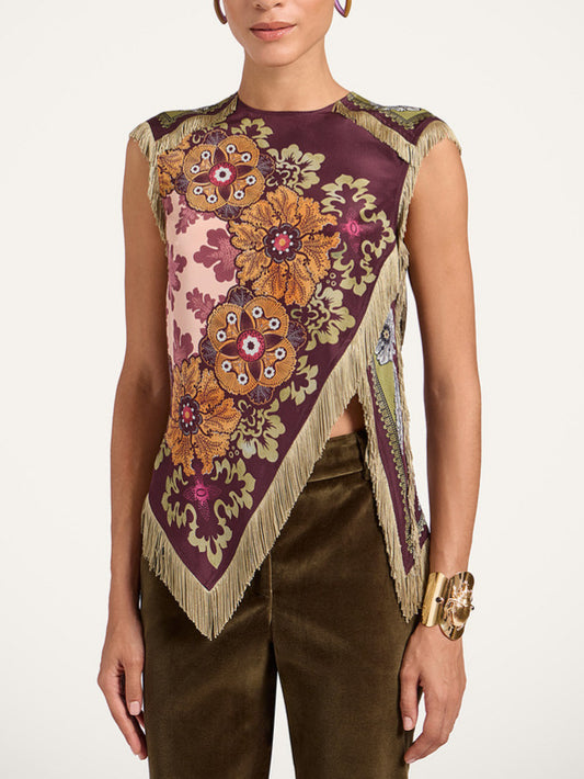 Unique retro floral print tassel vest