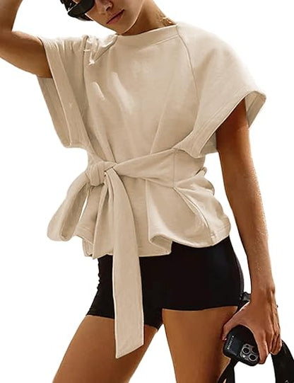 Women's Summer Short-Sleeve T-Shirt Crew Neck Tie-Waist Short-Sleeve