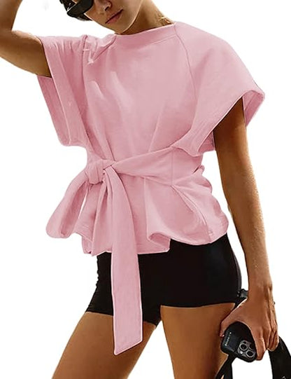 Women's Summer Short-Sleeve T-Shirt Crew Neck Tie-Waist Short-Sleeve