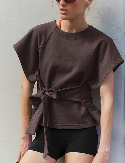 Women's Summer Short-Sleeve T-Shirt Crew Neck Tie-Waist Short-Sleeve