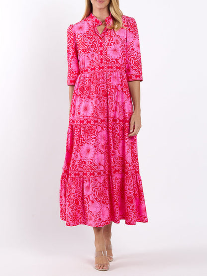 Bohemian Paisley Print Tiered 3/4 Sleeve Midi Shirt Dress