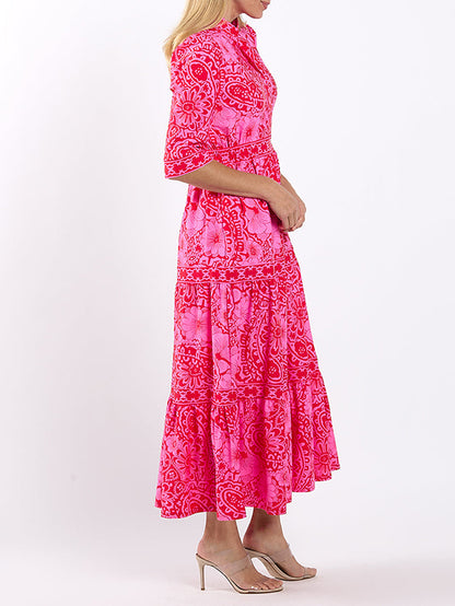Bohemian Paisley Print Tiered 3/4 Sleeve Midi Shirt Dress