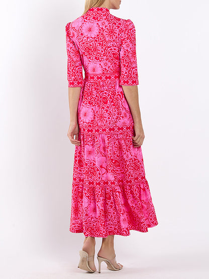 Bohemian Paisley Print Tiered 3/4 Sleeve Midi Shirt Dress