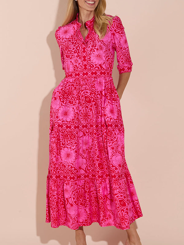 Bohemian Paisley Print Tiered 3/4 Sleeve Midi Shirt Dress