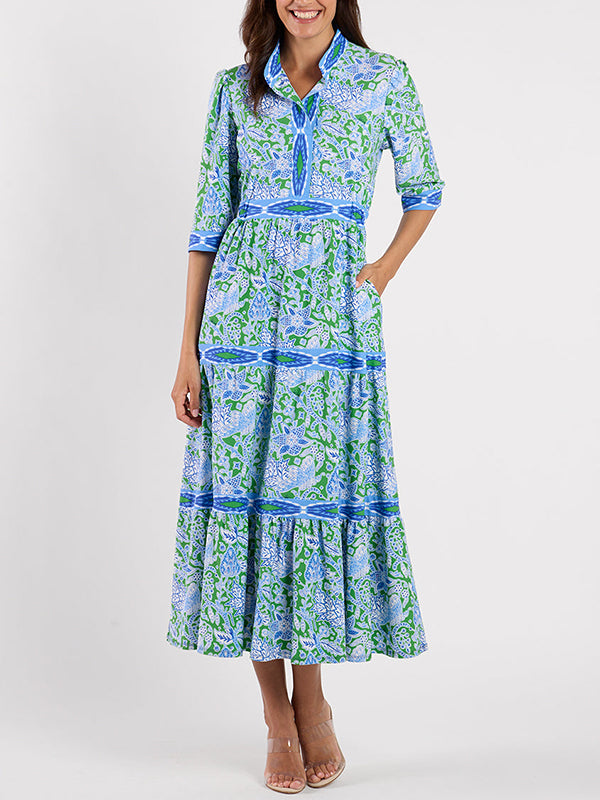 Bohemian Paisley Print Tiered 3/4 Sleeve Midi Shirt Dress