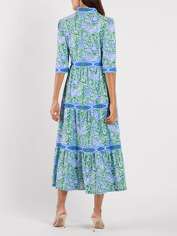 Bohemian Paisley Print Tiered 3/4 Sleeve Midi Shirt Dress
