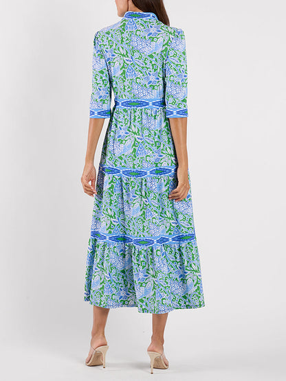 Bohemian Paisley Print Tiered 3/4 Sleeve Midi Shirt Dress