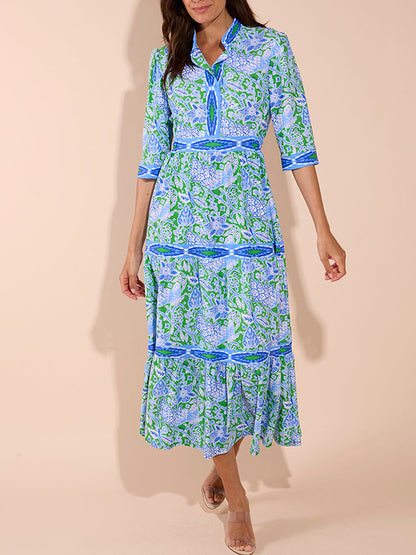 Bohemian Paisley Print Tiered 3/4 Sleeve Midi Shirt Dress